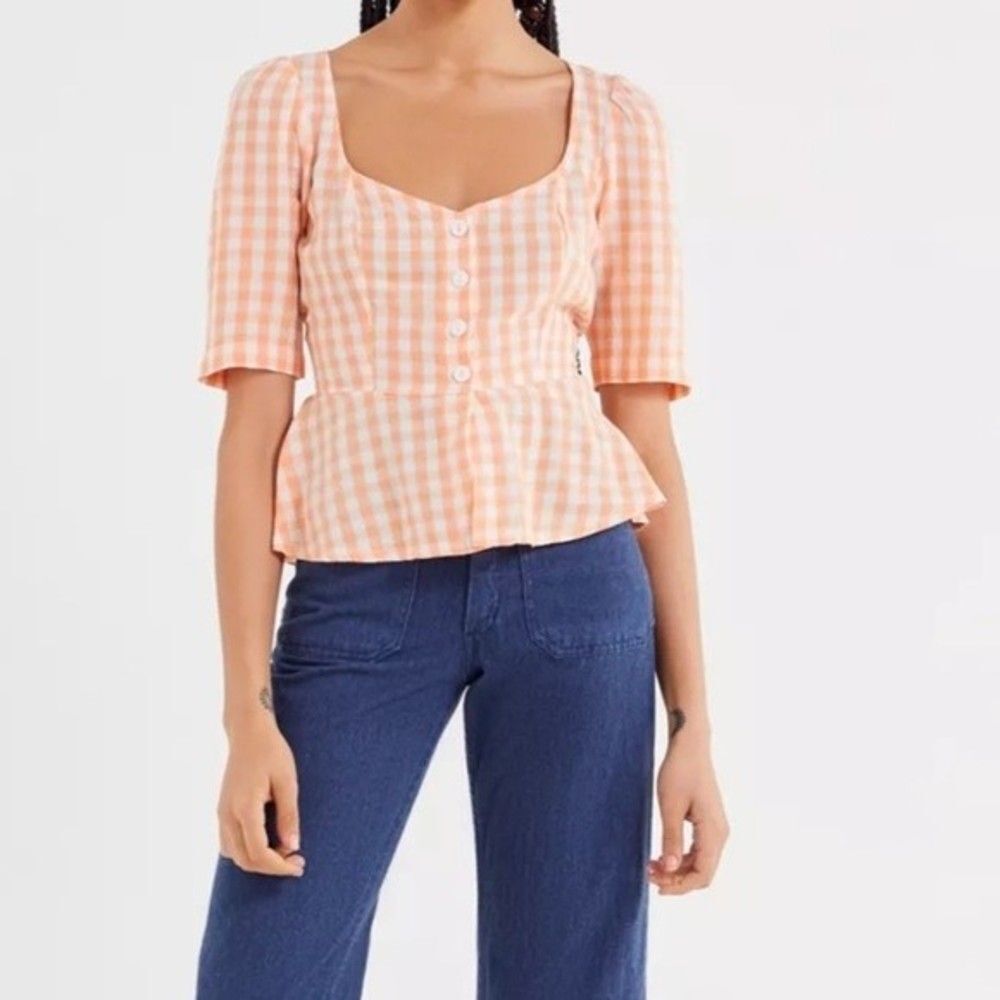 Urban Outfitters Orange Pink Penrose Linen Button Front Peplum Top Tie Back XS